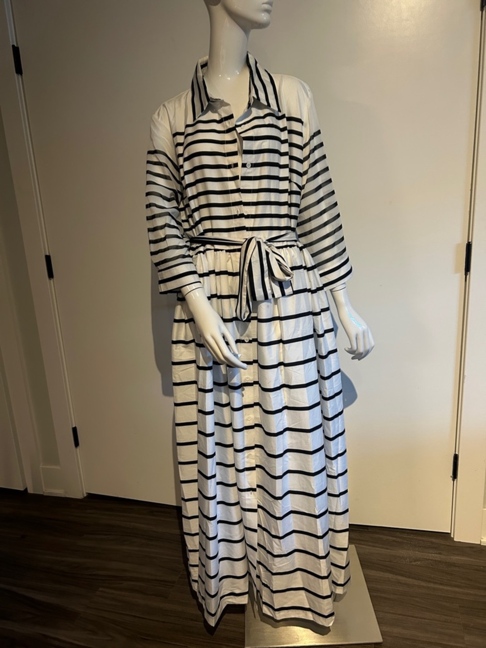 Classic White and Black Striped Maxi Shirt Dress with Waist Tie